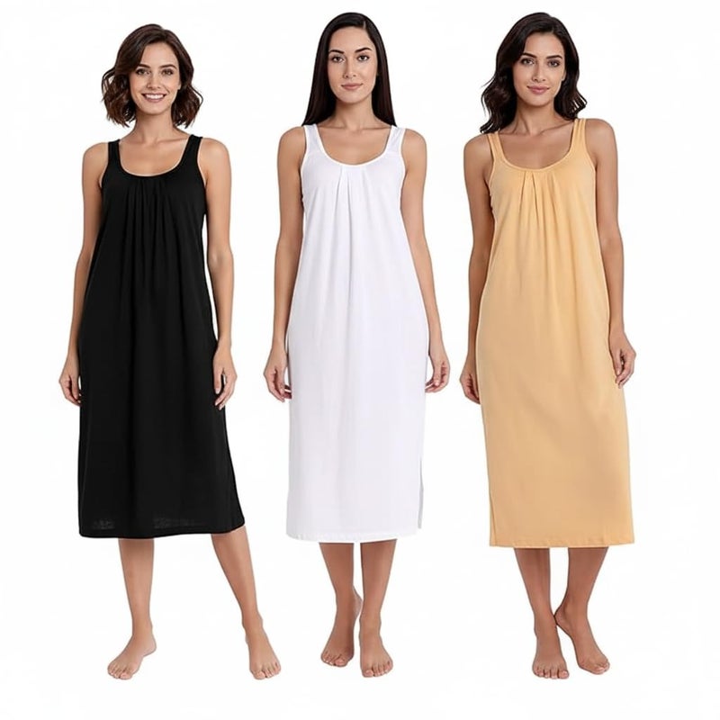 Garmend Cotton Full Length Long Camisole for Women - Long Innerwear Petticoat - Plus Size Nighty - Kurti Slip - Suit Slip - Cream White Black Color Pack of 3 - Image 3
