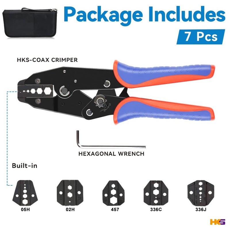 HKS Coax Ratchet Crimping Tool Set for Coaxial RG Cable RF Connector with 5 Changeable Dies - Image 2