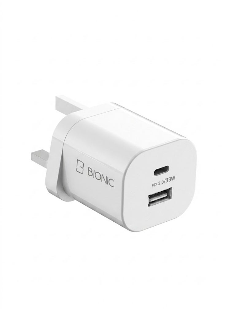 بيونيك محول شاحن جداري سريع ثنائي المنفذ بقوة 33 واط بتقنية بي دي 3.0 مع منفذ USB-C و USB-A، قابس UK أبيض - Image 1