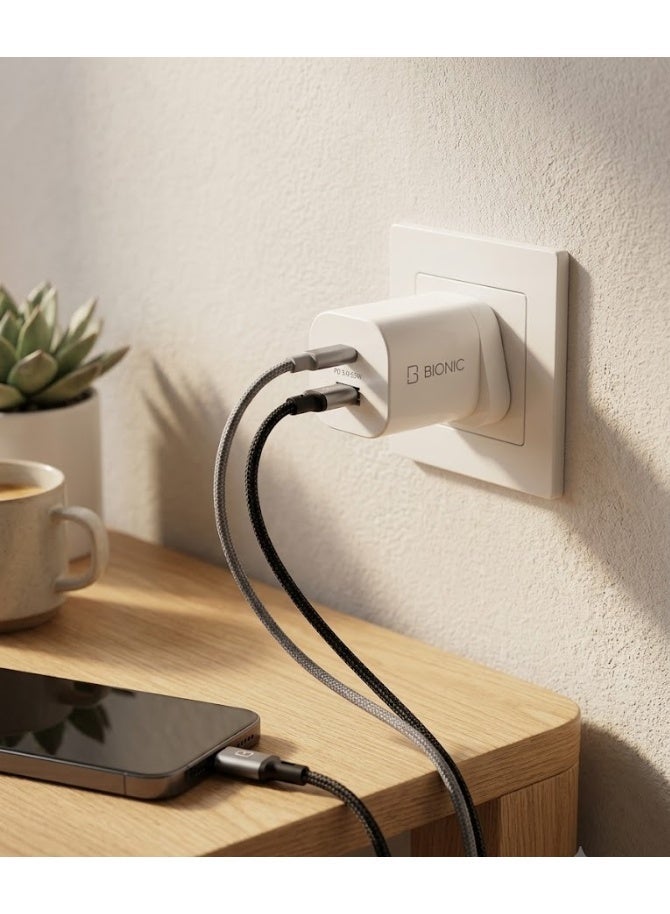 بيونيك محول شاحن جداري سريع ثنائي المنفذ بقوة 33 واط بتقنية بي دي 3.0 مع منفذ USB-C و USB-A، قابس UK أبيض - Image 3