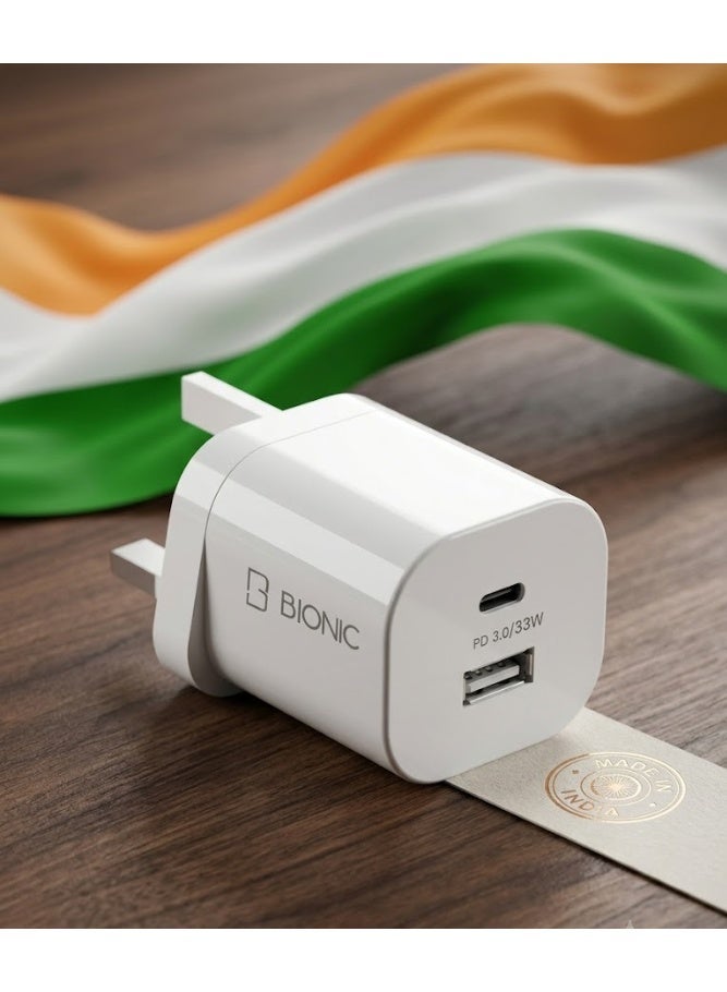 بيونيك محول شاحن جداري سريع ثنائي المنفذ بقوة 33 واط بتقنية بي دي 3.0 مع منفذ USB-C و USB-A، قابس UK أبيض - Image 2