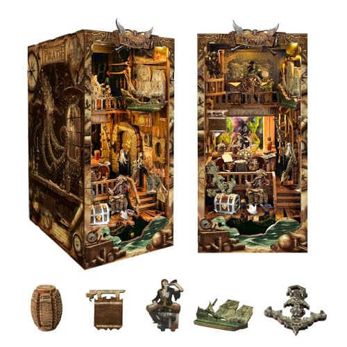 STRUCWOOD DIY Book Nook Kit Pirate 3D Wooden Miniature Puzzles with LED Light Dollhouse Model Craft Kits for Adults Bookshelf Insert Decor Gifts for Adults New World Ship SQ36 - Image 1