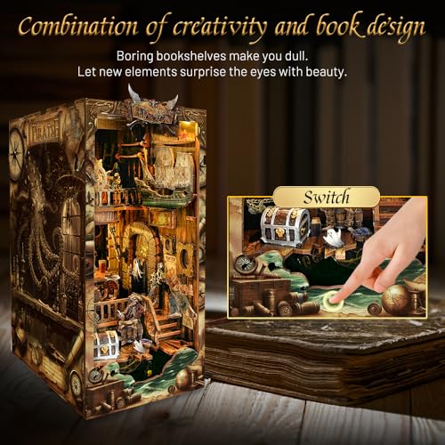 STRUCWOOD DIY Book Nook Kit Pirate 3D Wooden Miniature Puzzles with LED Light Dollhouse Model Craft Kits for Adults Bookshelf Insert Decor Gifts for Adults New World Ship SQ36 - Image 5