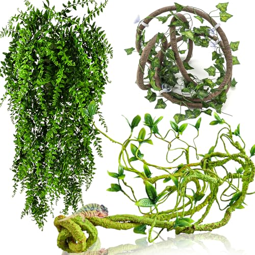 HERCOCCI Reptile Vines Flexible Jungle Climbing Vines Terrarium Plastic Plants and Leaves Tank Accessories Decor for Gecko Snake Lizard Bearded Dragon Hermit Crab Frog