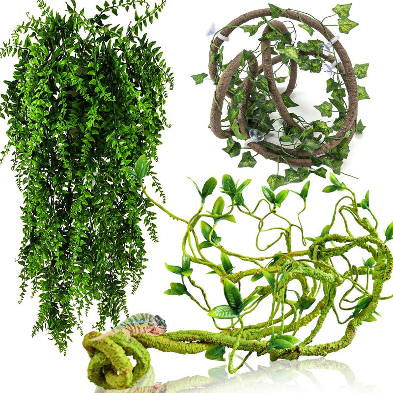 HERCOCCI Reptile Vines Flexible Jungle Climbing Vines Terrarium Plastic Plants and Leaves Tank Accessories Decor for Gecko Snake Lizard Bearded Dragon Hermit Crab Frog