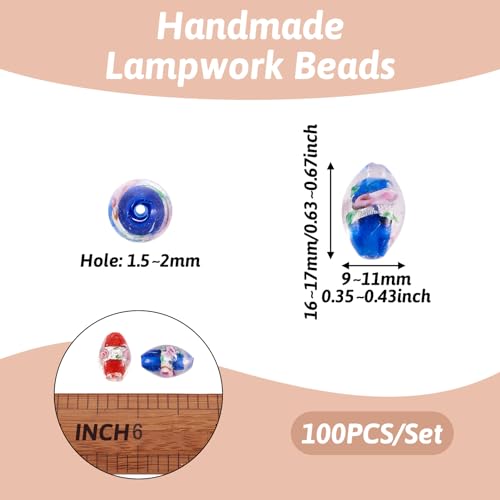 Craftdady 100Pcs Lampwork Glass Oval Spacer Beads 10 Colors Handcrafted Foil Drop Loose Beads with Flower 16~17x9~11mm for Jewelry Craft Making Hole:1.5~2mm - Image 3