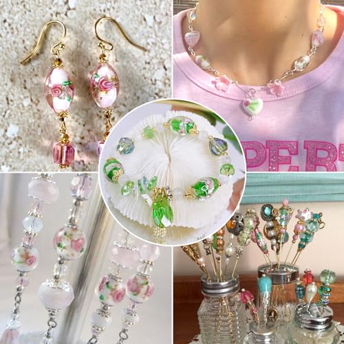 Craftdady 100Pcs Lampwork Glass Oval Spacer Beads 10 Colors Handcrafted Foil Drop Loose Beads with Flower 16~17x9~11mm for Jewelry Craft Making Hole:1.5~2mm - Image 4