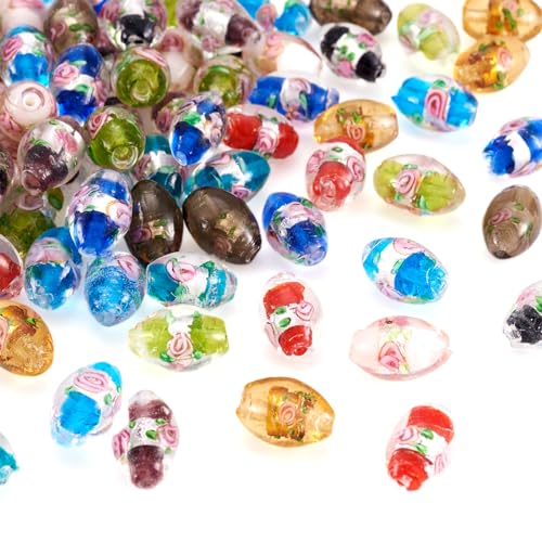 Craftdady 100Pcs Lampwork Glass Oval Spacer Beads 10 Colors Handcrafted Foil Drop Loose Beads with Flower 16~17x9~11mm for Jewelry Craft Making Hole:1.5~2mm - Image 1