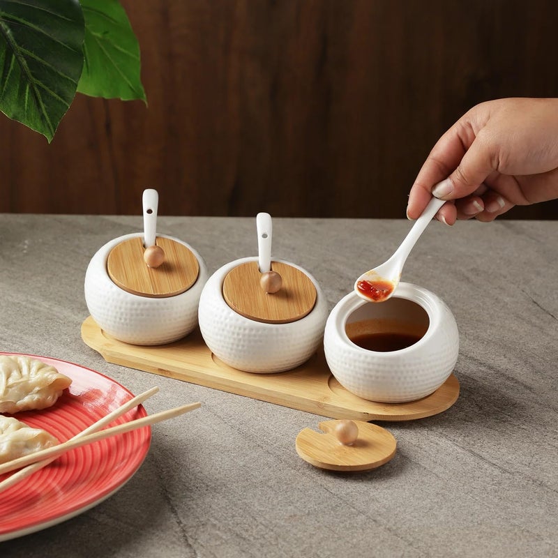 DANSR DANSR Porcelain Condiment Jar Spice Container with Lids Bamboo Cap Holder Spot Ceramic Serving Spoon Wooden Tray Best Pottery Cruet Pot Perfect FOR Spice Storage for Home Kitchen  - Image 1