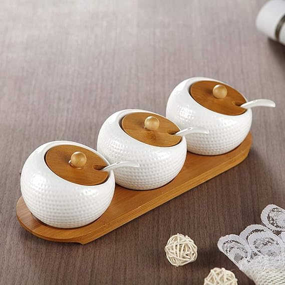 DANSR DANSR Porcelain Condiment Jar Spice Container with Lids Bamboo Cap Holder Spot Ceramic Serving Spoon Wooden Tray Best Pottery Cruet Pot Perfect FOR Spice Storage for Home Kitchen  - Image 3