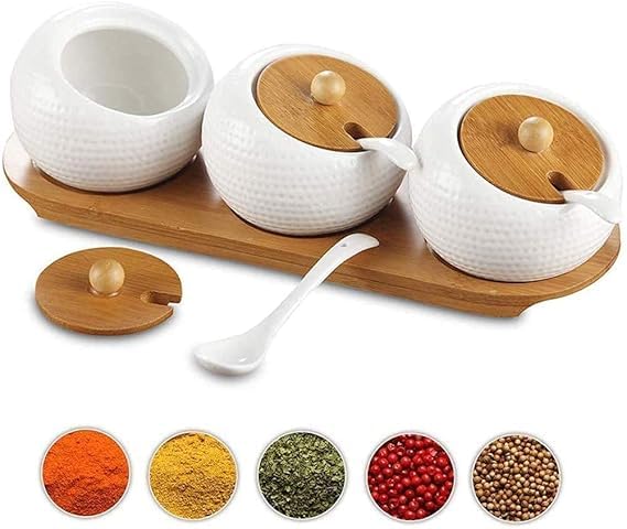 DANSR DANSR Porcelain Condiment Jar Spice Container with Lids Bamboo Cap Holder Spot Ceramic Serving Spoon Wooden Tray Best Pottery Cruet Pot Perfect FOR Spice Storage for Home Kitchen  - Image 4
