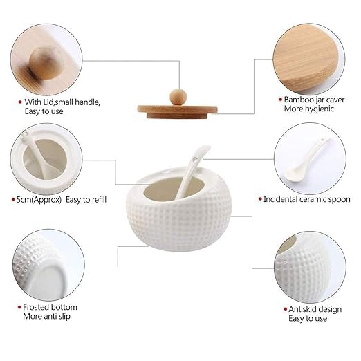 DANSR DANSR Porcelain Condiment Jar Spice Container with Lids Bamboo Cap Holder Spot Ceramic Serving Spoon Wooden Tray Best Pottery Cruet Pot Perfect FOR Spice Storage for Home Kitchen  - Image 5