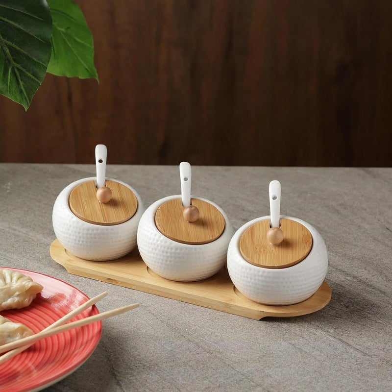 DANSR DANSR Porcelain Condiment Jar Spice Container with Lids Bamboo Cap Holder Spot Ceramic Serving Spoon Wooden Tray Best Pottery Cruet Pot Perfect FOR Spice Storage for Home Kitchen  - Image 2