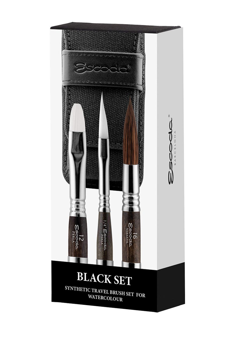 Escoda Artist Watercolor Travel Brush Set wCanvas Pouch 3 Short Handle Brushes Black