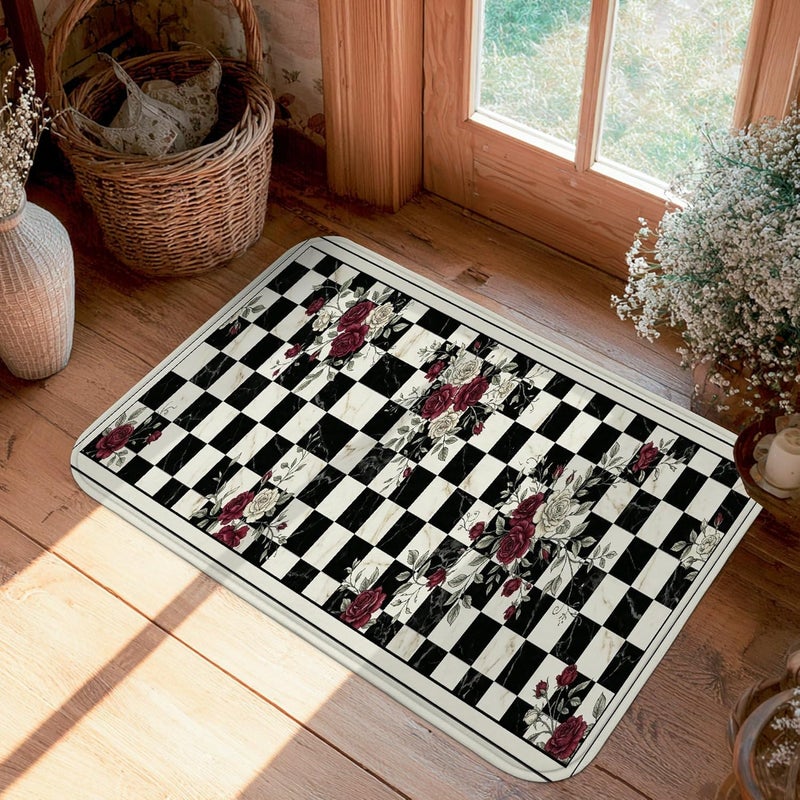 Rose Runner Rug, Classic Vintage Checkerboard Floral N/a Black Low Pile Sponge Soft Doormat Throw Rug Stain Resistant for Kitchen Entryway Bathroom Doorway Decor 2x3 Ft - Image 4