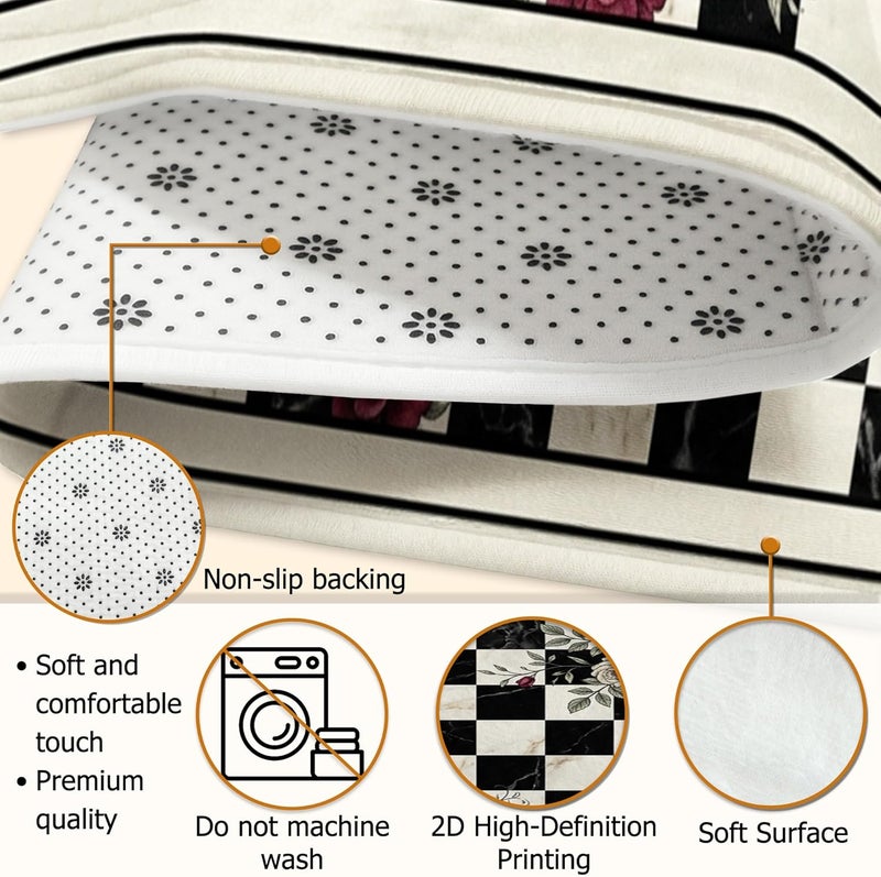 Rose Runner Rug, Classic Vintage Checkerboard Floral N/a Black Low Pile Sponge Soft Doormat Throw Rug Stain Resistant for Kitchen Entryway Bathroom Doorway Decor 2x3 Ft - Image 5