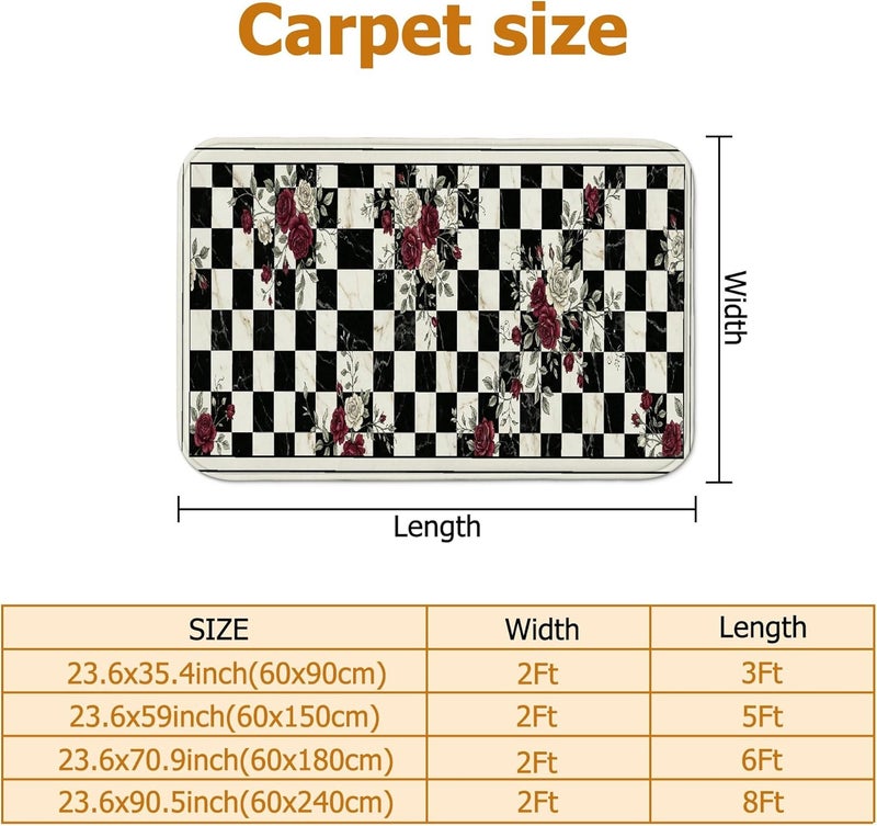 Rose Runner Rug, Classic Vintage Checkerboard Floral N/a Black Low Pile Sponge Soft Doormat Throw Rug Stain Resistant for Kitchen Entryway Bathroom Doorway Decor 2x3 Ft - Image 2