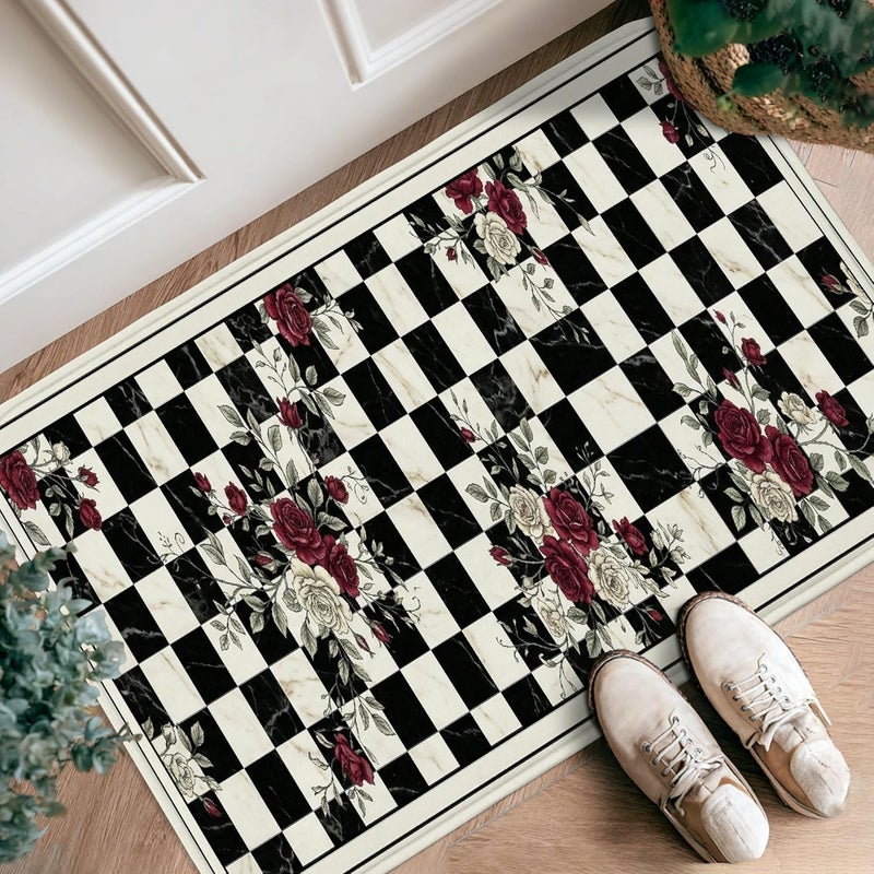 Rose Runner Rug, Classic Vintage Checkerboard Floral N/a Black Low Pile Sponge Soft Doormat Throw Rug Stain Resistant for Kitchen Entryway Bathroom Doorway Decor 2x3 Ft - Image 1