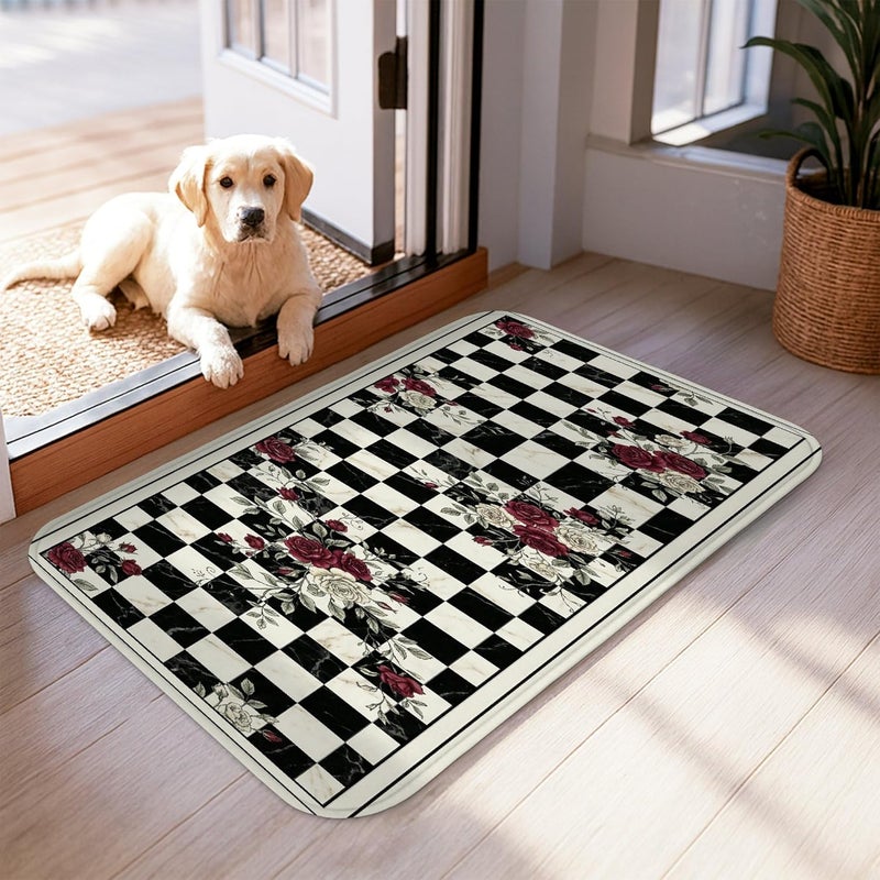 Rose Runner Rug, Classic Vintage Checkerboard Floral N/a Black Low Pile Sponge Soft Doormat Throw Rug Stain Resistant for Kitchen Entryway Bathroom Doorway Decor 2x3 Ft - Image 3