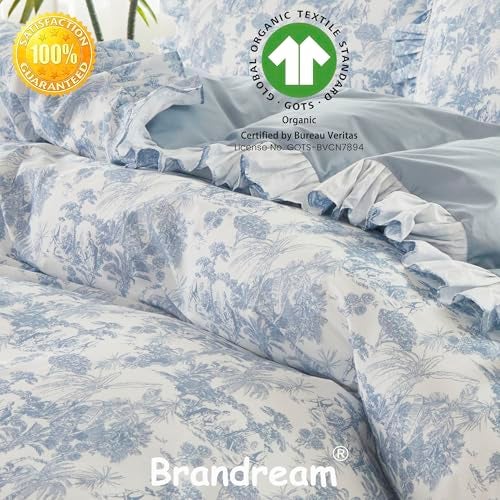 Brandream French Country Toile Duvet Cover Set Full Size for Girl Women 100 Cotton Luxury Cottagecore Bedroom Decor Blue French Toile Botanical Print Bedding with Romantic Ruffled Trim - Image 3