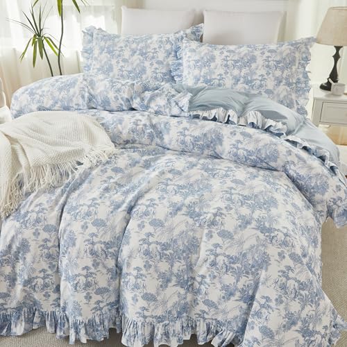 Brandream French Country Toile Duvet Cover Set Full Size for Girl Women 100 Cotton Luxury Cottagecore Bedroom Decor Blue French Toile Botanical Print Bedding with Romantic Ruffled Trim - Image 1