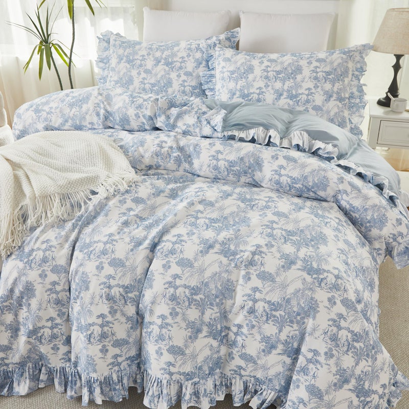 Brandream French Country Toile Duvet Cover Set Full Size for Girl Women 100 Cotton Luxury Cottagecore Bedroom Decor Blue French Toile Botanical Print Bedding with Romantic Ruffled Trim - Image 2