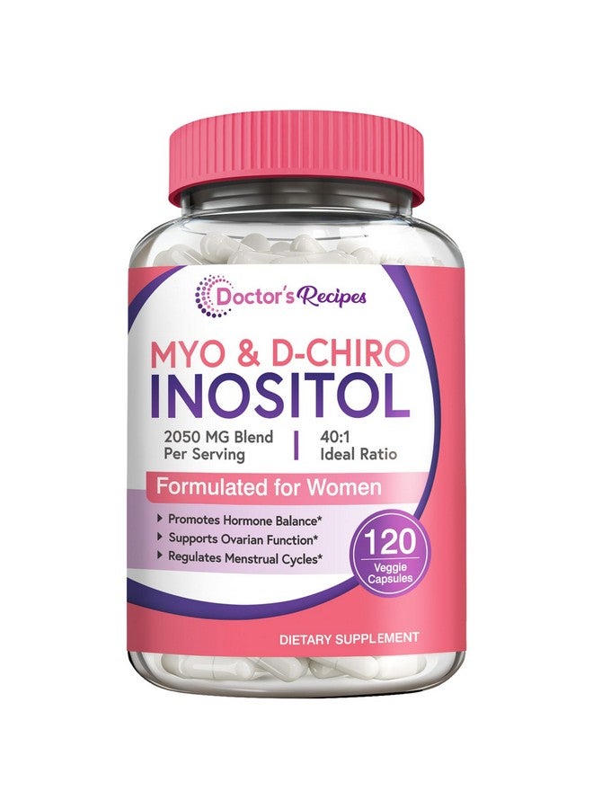 Doctor's Recipes مكملات إنوزيتول من وصفات الطبيب، كبسولات ميو-إنوزيتول ودي-كيرو إنوزيتول 2050 ملغ لكل حصة، مزيج مثالي 40:1، توازن الهرمونات للنساء، دعم وظيفة المبيض والخصوبة، 120 كبسولة نباتية - Image 1