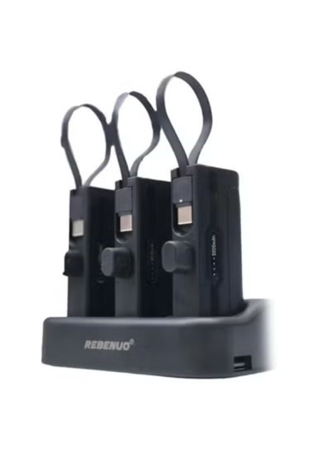 REBENUO 🔋 Power Bank Station with 3 Modular 5000mAh Power Banks – Total 15000mAh Portable Charging Dock with Built-in Type-C & Lightning Cables – Fast Charging Power Solution for iPhone, Android, USB Devices, Tablets – Travel-Friendly with LED Indicator - Image 1