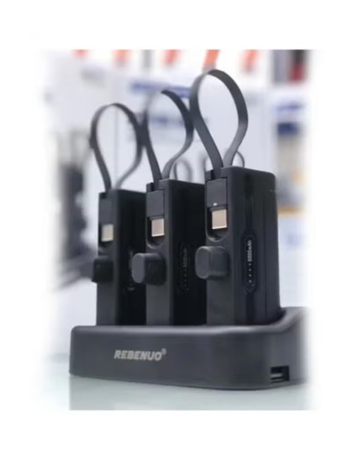 REBENUO 🔋 Power Bank Station with 3 Modular 5000mAh Power Banks – Total 15000mAh Portable Charging Dock with Built-in Type-C & Lightning Cables – Fast Charging Power Solution for iPhone, Android, USB Devices, Tablets – Travel-Friendly with LED Indicator - Image 3