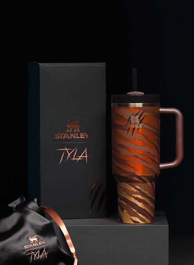 Stanley 40oz Quencher H20 Flowstate Stainless Steel Vacuum Insulated Tumbler with Lid and Straw for Water, Iced Tea or Coffee, Smoothie and More, Cream (Tiger Pattern) - Image 2