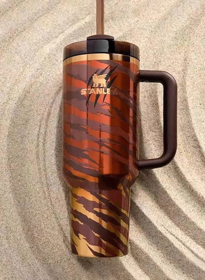 Stanley 40oz Quencher H20 Flowstate Stainless Steel Vacuum Insulated Tumbler with Lid and Straw for Water, Iced Tea or Coffee, Smoothie and More, Cream (Tiger Pattern) - Image 4