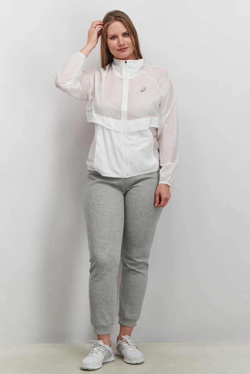 asics جاكيت واقي من الرياح بسحاب كامل للنساء، أبيض - Image 2