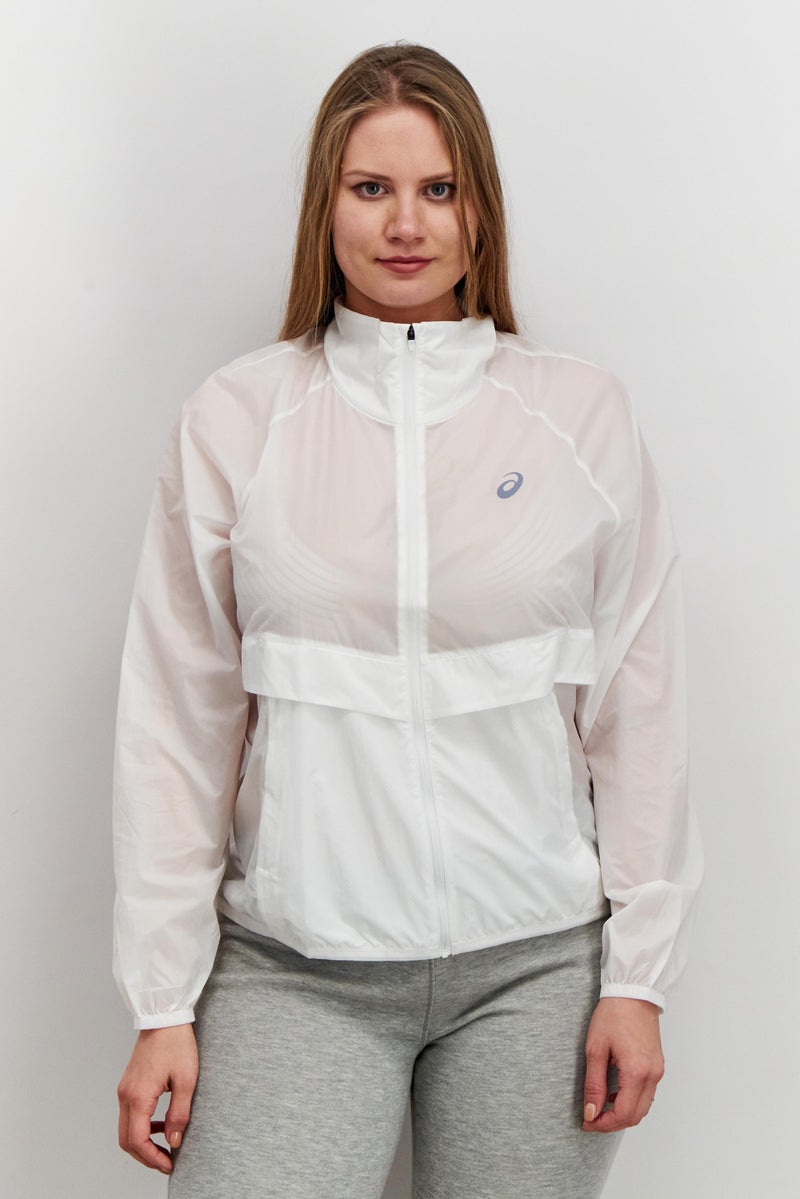 asics جاكيت واقي من الرياح بسحاب كامل للنساء، أبيض - Image 1