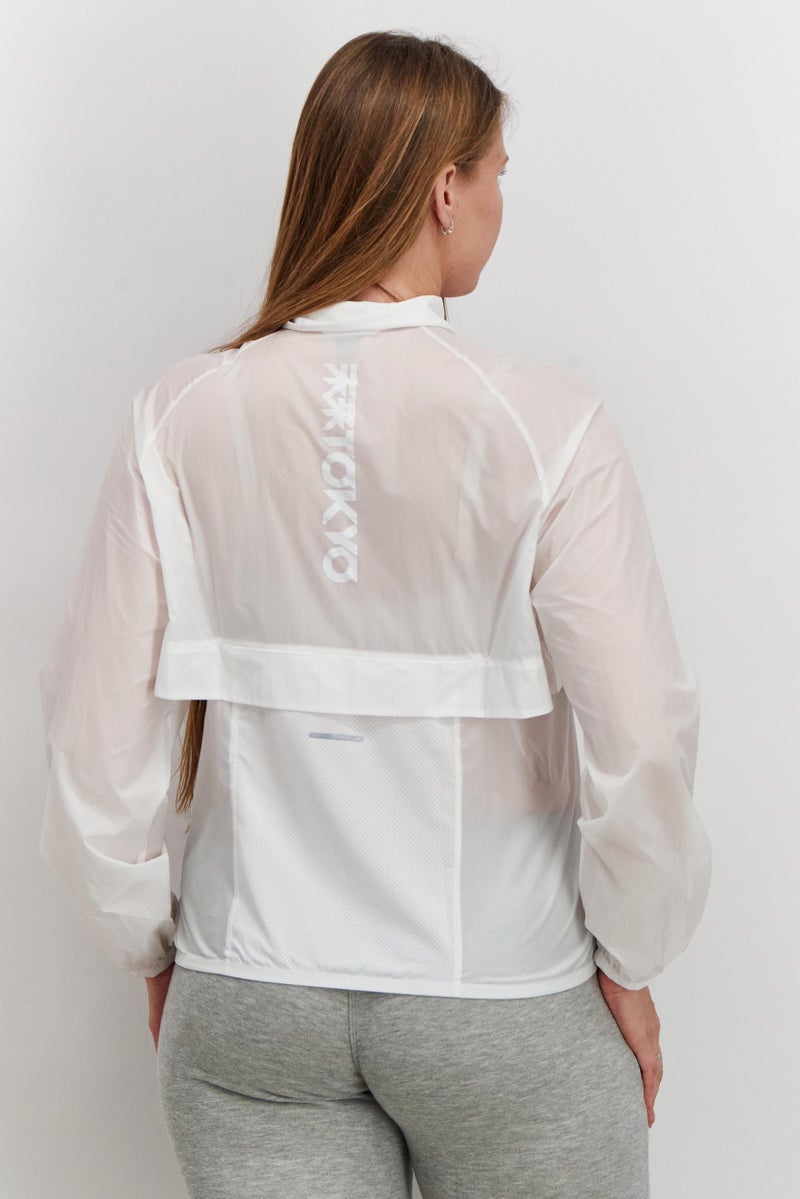 asics جاكيت واقي من الرياح بسحاب كامل للنساء، أبيض - Image 4