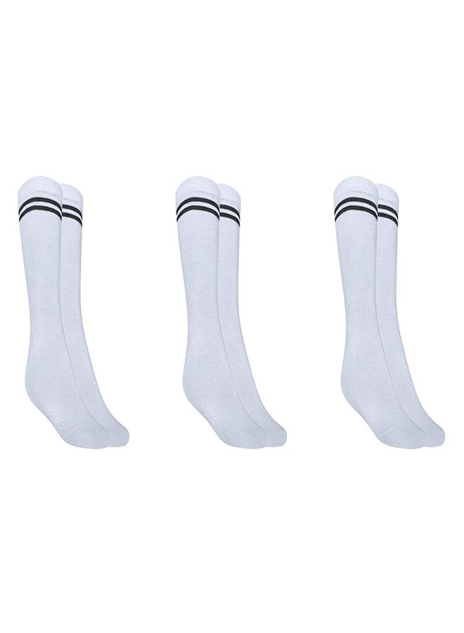 MUKHAKSH (Pack of 3 Pairs Girls Kids White Socks with Black Stripes Border Lining White with Black Stripes Calf Length School Uniform School Dress Socks, 13-14 Years - Image 1