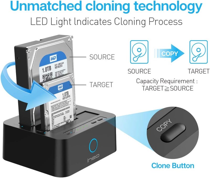 ineo USB 3.1 Gen1 to SATA 2.5" or 3.5 inch SSD/HDD Docking Station (Clone Docking) - Image 2