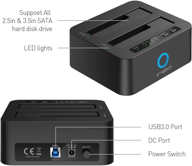 ineo USB 3.1 Gen1 to SATA 2.5" or 3.5 inch SSD/HDD Docking Station (Clone Docking) - Image 3