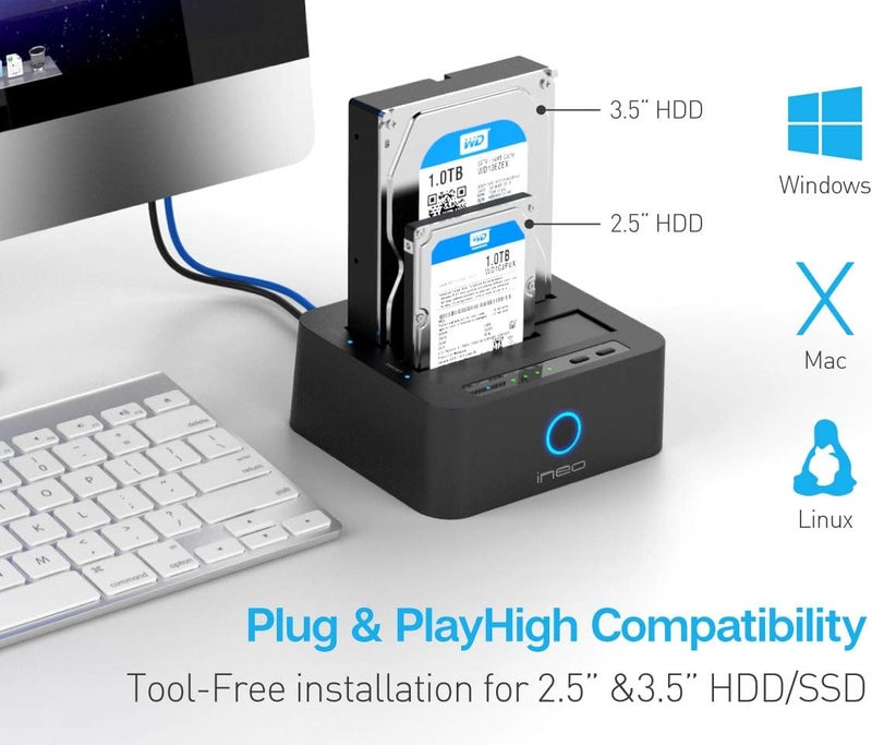 ineo USB 3.1 Gen1 to SATA 2.5" or 3.5 inch SSD/HDD Docking Station (Clone Docking) - Image 4