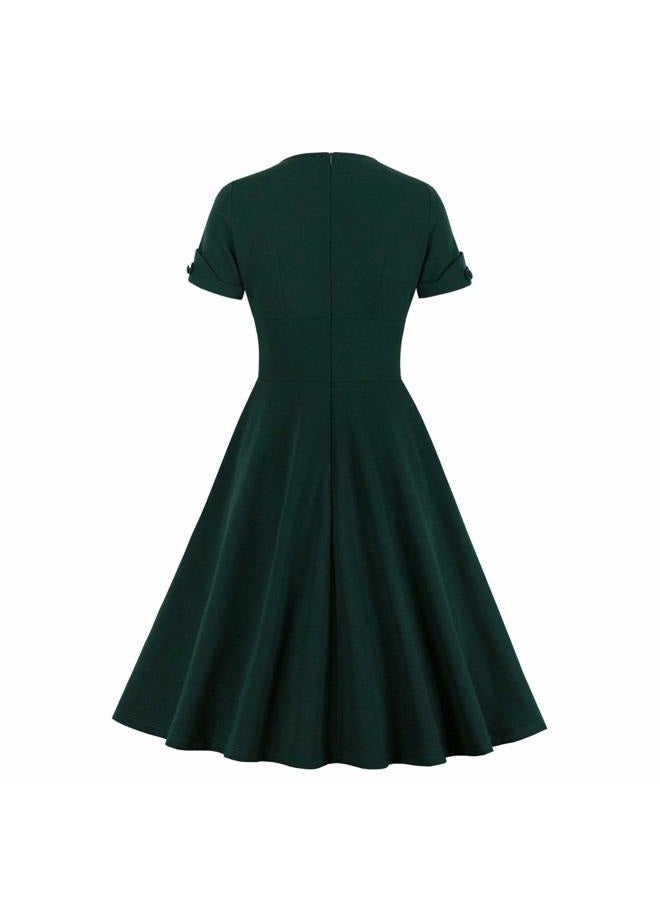 Wellwits Women's V Neck Wrap High Waist Solid Retro 40s 50s 60s Vintage Dress L - Image 2