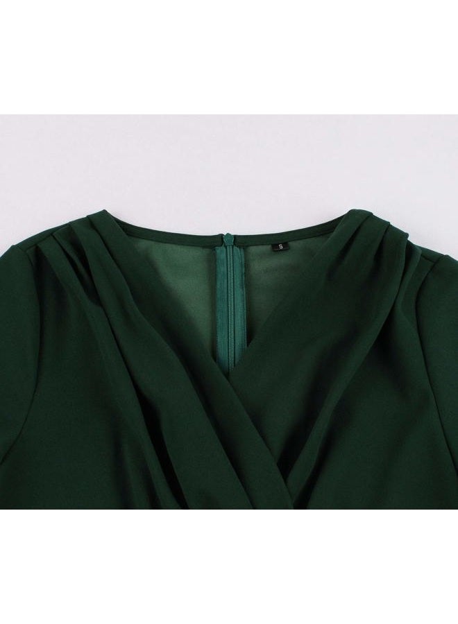 Wellwits Women's V Neck Wrap High Waist Solid Retro 40s 50s 60s Vintage Dress L - Image 3