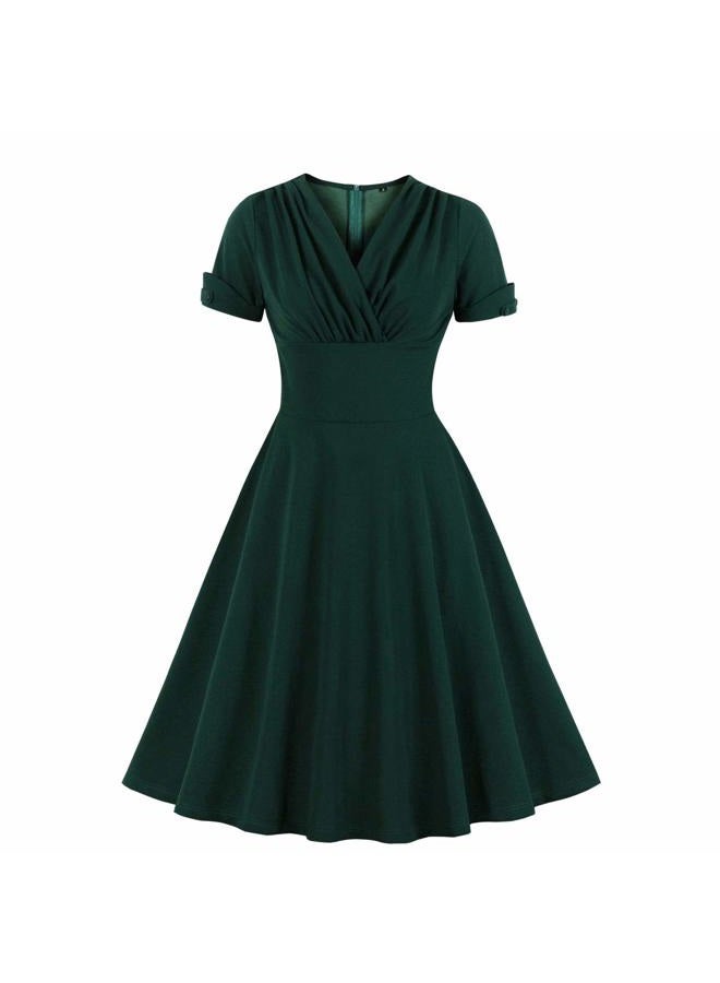 Wellwits Women's V Neck Wrap High Waist Solid Retro 40s 50s 60s Vintage Dress L - Image 1