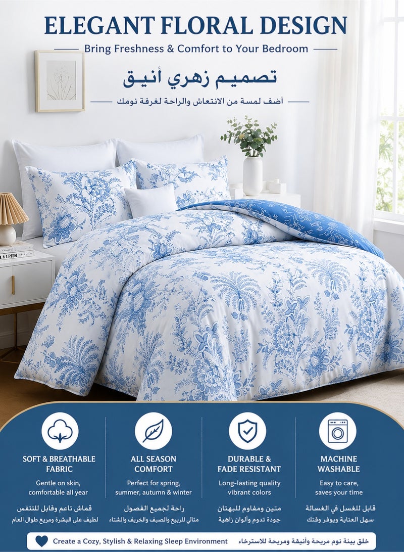 موندا طقم غطاء لحاف مزهر مقاس كوين 3 قطع 200×230 سم مع غطائي وسادة طقم مفروشات سرير ناعم وقابل للتنفس بنقشة زهور أبيض وأزرق لجميع الفصول مزود بسحاب لغرفة النوم والديكور المنزلي - Image 2