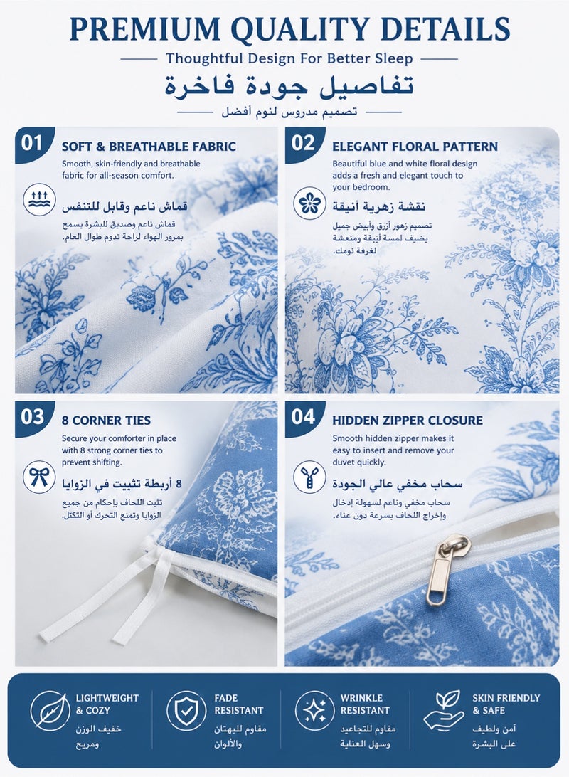 موندا طقم غطاء لحاف مزهر مقاس كوين 3 قطع 200×230 سم مع غطائي وسادة طقم مفروشات سرير ناعم وقابل للتنفس بنقشة زهور أبيض وأزرق لجميع الفصول مزود بسحاب لغرفة النوم والديكور المنزلي - Image 3