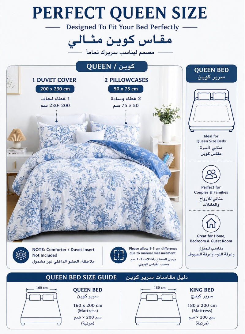 موندا طقم غطاء لحاف مزهر مقاس كوين 3 قطع 200×230 سم مع غطائي وسادة طقم مفروشات سرير ناعم وقابل للتنفس بنقشة زهور أبيض وأزرق لجميع الفصول مزود بسحاب لغرفة النوم والديكور المنزلي - Image 4