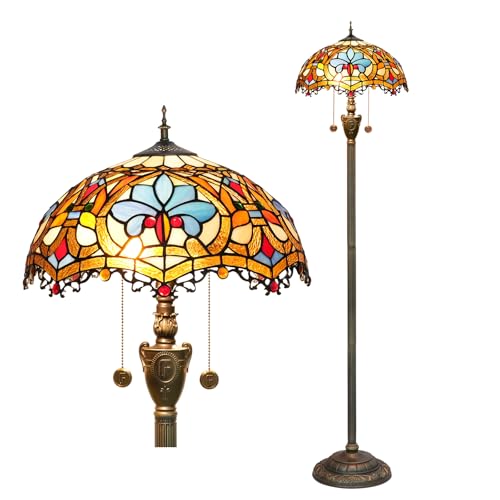 Blivuself Tiffany Floor Lamp Stained Glass Floor Light Bright Lighting Rustic Standing Lamp Vintage Unique Bronze Reading Corner Lamp for Home Decor Living Room Bedroom 16X16X64 Inches - Image 1