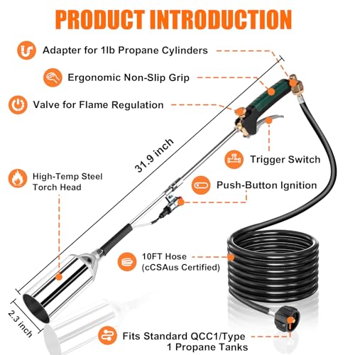 Aikyciu Propane Torch Weed Burner High Output Blow Torch with 10FT Hose and PushButton Igniter Heavy Duty Flame Thrower Gun for Weeding Ice and Snow Removal Roof Asphalt - Image 3