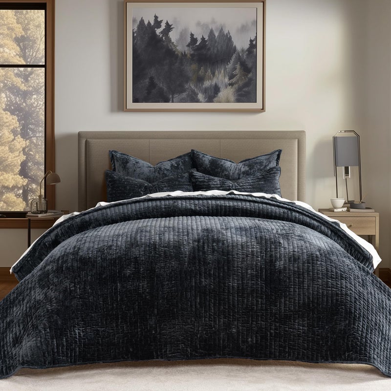 EVERGRACE Velvet Quilt Set Queen Size, Luxurious Soft Striped Channel Bedding Set, Lightweight Velvet Comforter for All Season, Oversized Bedspread Coverlet with 2 Matching Shams, Black - Image 1