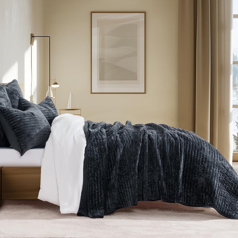 EVERGRACE Velvet Quilt Set Queen Size, Luxurious Soft Striped Channel Bedding Set, Lightweight Velvet Comforter for All Season, Oversized Bedspread Coverlet with 2 Matching Shams, Black - Image 2