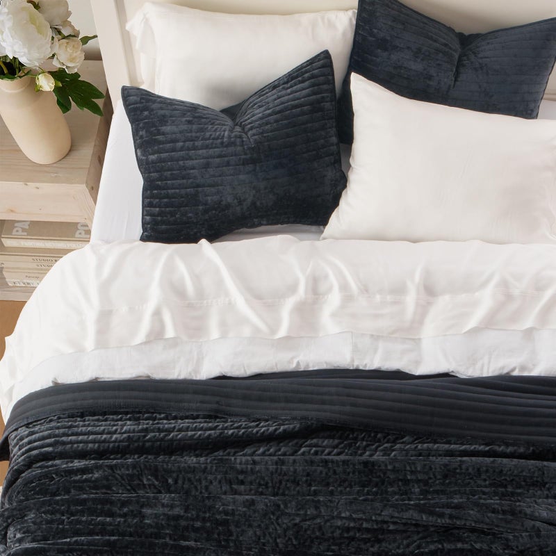 EVERGRACE Velvet Quilt Set Queen Size, Luxurious Soft Striped Channel Bedding Set, Lightweight Velvet Comforter for All Season, Oversized Bedspread Coverlet with 2 Matching Shams, Black - Image 3