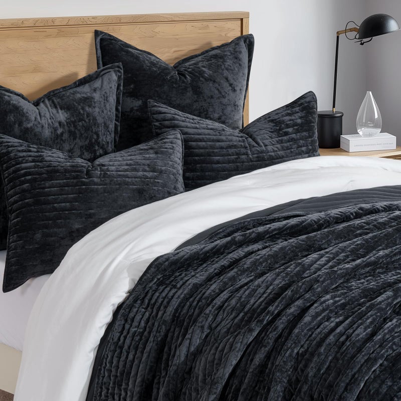 EVERGRACE Velvet Quilt Set Queen Size, Luxurious Soft Striped Channel Bedding Set, Lightweight Velvet Comforter for All Season, Oversized Bedspread Coverlet with 2 Matching Shams, Black - Image 4